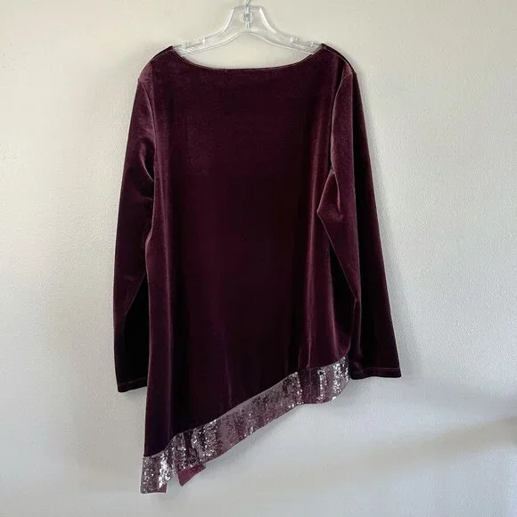 Chico's Travelers Collection Burgundy Velour Velvet Sequin Trim Tunic Top - Picture 6 of 13
